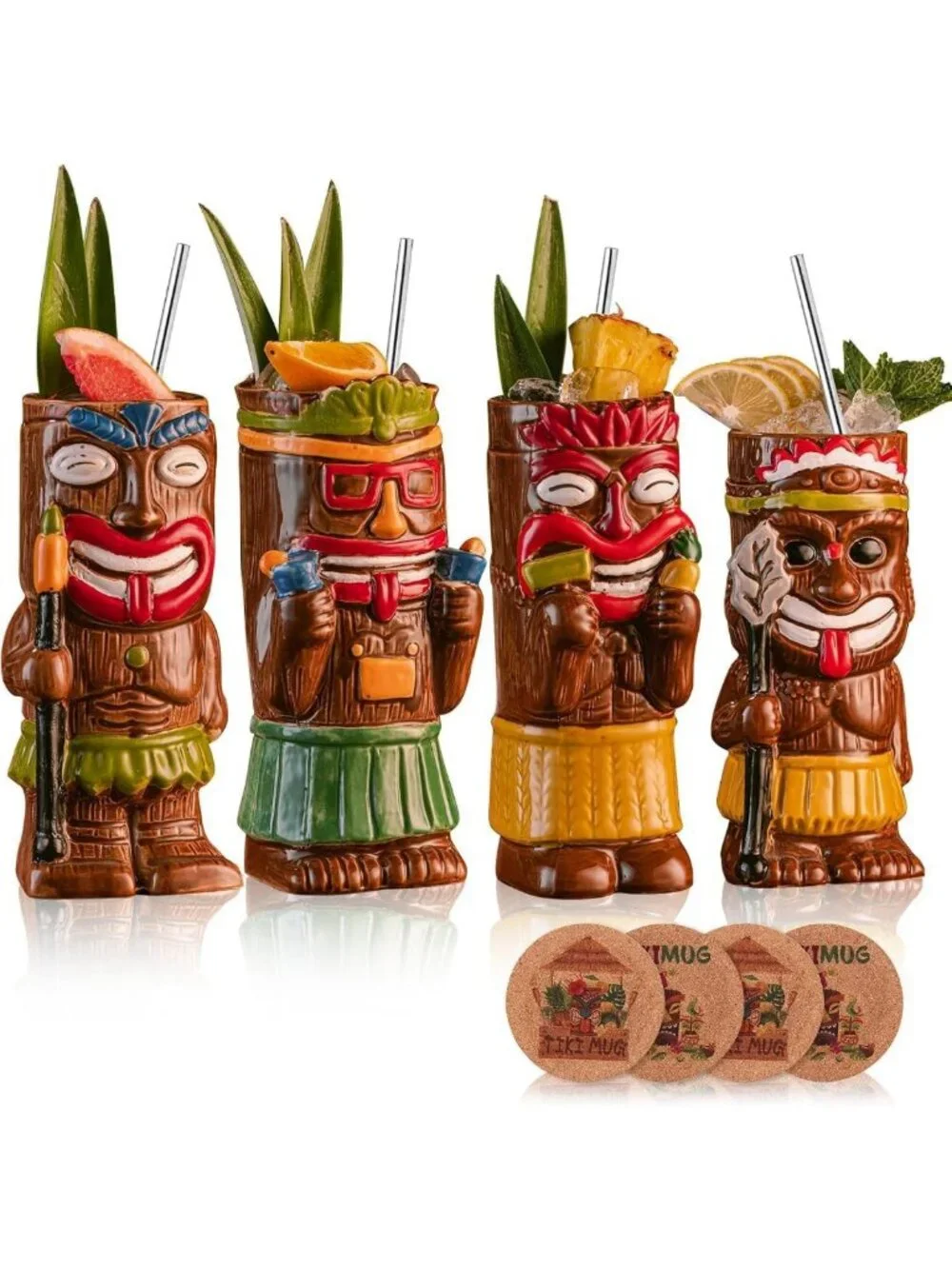 Exotic Tiki Cocktail Mugs Set of 4 with Coasters & Straws - Hawaiian Party